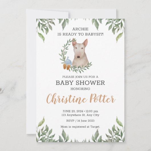 Bull Terrier Dog Boy Boho Greenery Baby shower Kaart (Voorkant)