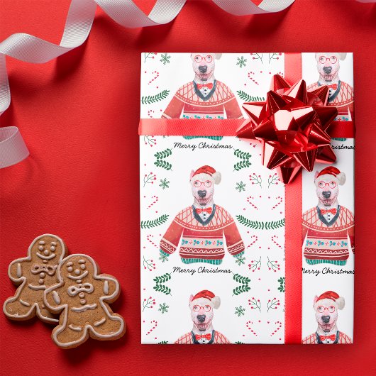 Bull Terrier Dog die kerstfeestvieren draagt Cadeaupapier