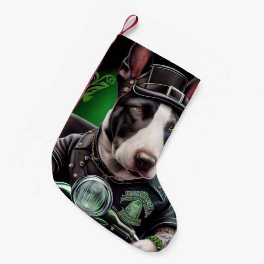 Bull Terrier Dog Driving Bike St. Patrick's Day Kleine Kerstsok (Voorkant (Hangend))