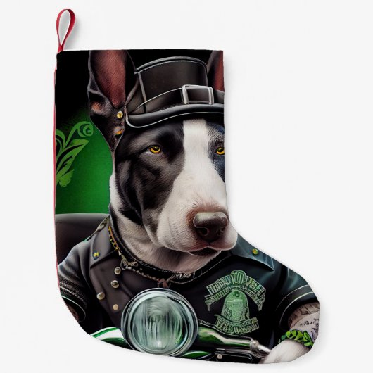 Bull Terrier Dog Driving Bike St. Patrick's Day Kleine Kerstsok (Voorkant)