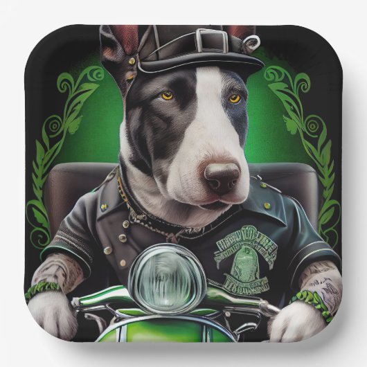 Bull Terrier Dog Driving Bike St. Patrick's Day Papieren Bordje (Voorkant)