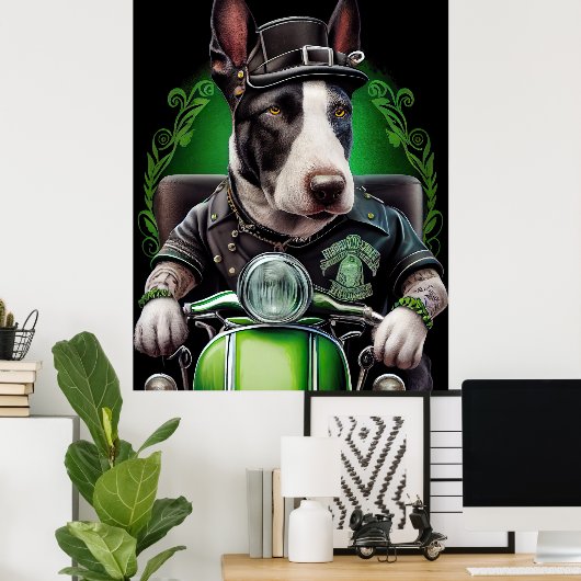 Bull Terrier Dog Driving Bike St. Patrick's Day Poster (Thuiskantoor)