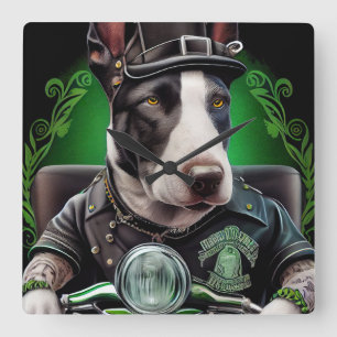 Bull Terrier Dog Driving Bike St. Patrick's Day Vierkante Klok