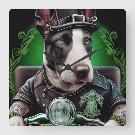 Bull Terrier Dog Driving Bike St. Patrick's Day Vierkante Klok (Voorkant)