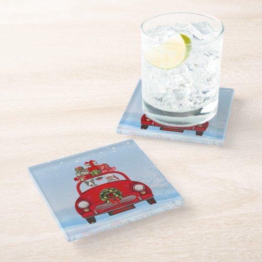 Bull Terrier Dog In Car With Santa Claus Glazen Onderzetter (Schuin)