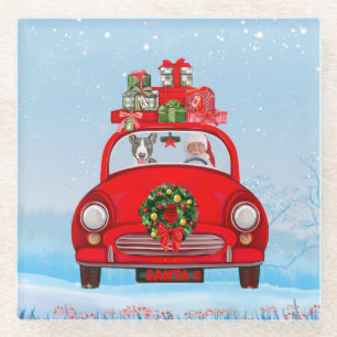 Bull Terrier Dog In Car With Santa Claus Glazen Onderzetter