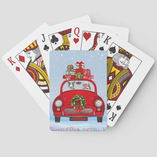Bull Terrier Dog In Car With Santa Claus Pokerkaarten (Achterkant)