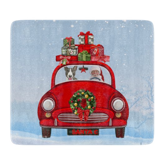 Bull Terrier Dog In Car With Santa Claus Snijplank (Voorkant)
