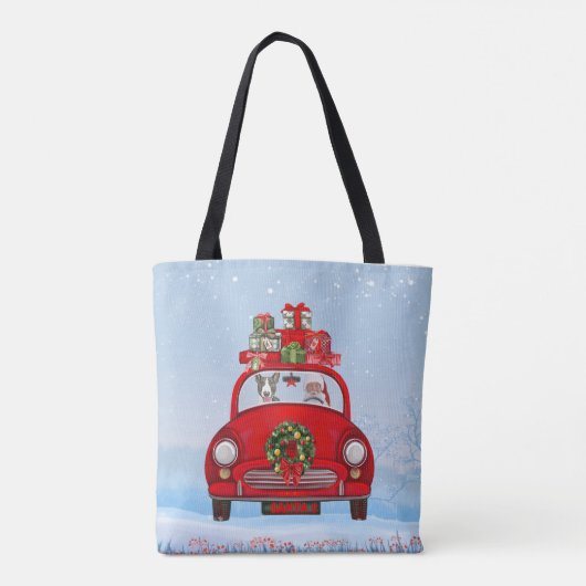 Bull Terrier Dog In Car With Santa Claus Tote Bag (Achterkant)
