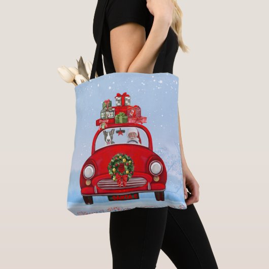 Bull Terrier Dog In Car With Santa Claus Tote Bag (Dichtbij)