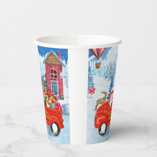 Bull Terrier Dog in kerstcadeau Truck Snow Papieren Bekers (Links)