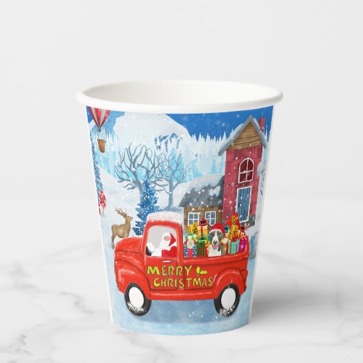 Bull Terrier Dog in kerstcadeau Truck Snow Papieren Bekers (Voorkant)