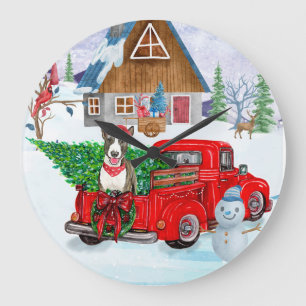 Bull Terrier dog in Kerstmis Delivery Truck Snow Grote Klok