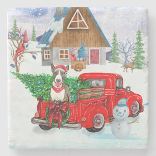 Bull Terrier dog in Kerstmis Delivery Truck Snow Stenen Onderzetter