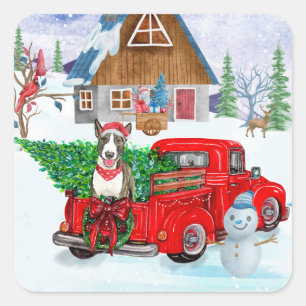 Bull Terrier dog in Kerstmis Delivery Truck Snow Vierkante Sticker