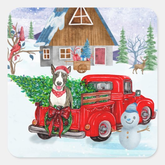 Bull Terrier dog in Kerstmis Delivery Truck Snow Vierkante Sticker (Voorkant)