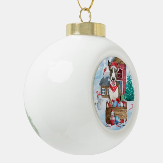 Bull Terrier Dog in sneeuwbal Keramische Bal Ornament (Links)