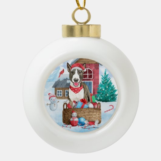 Bull Terrier Dog in sneeuwbal Keramische Bal Ornament (Voorkant)