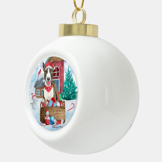 Bull Terrier Dog in sneeuwbal Keramische Bal Ornament (Rechts)