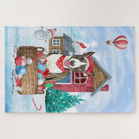 Bull Terrier Dog in sneeuwbal Legpuzzel (Horizontaal)