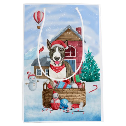 Bull Terrier Dog in sneeuwbal Medium Cadeauzakje (Voorkant)