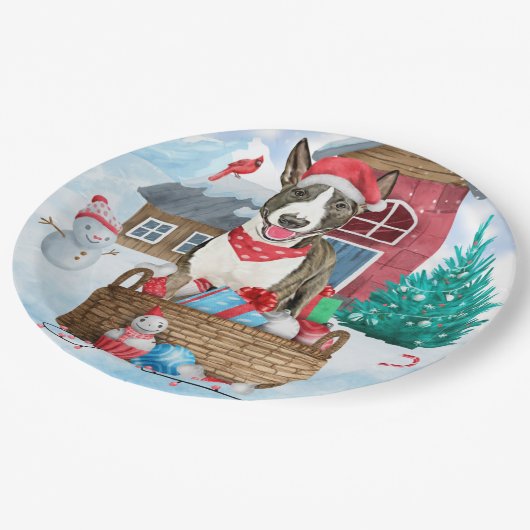 Bull Terrier Dog in sneeuwbal Papieren Bordje (Gekanteld)