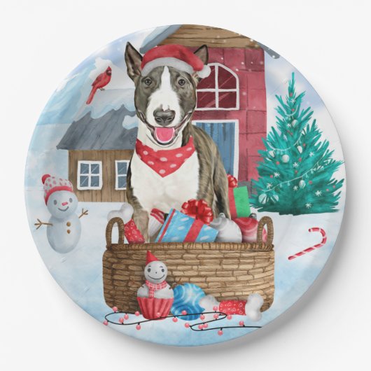 Bull Terrier Dog in sneeuwbal Papieren Bordje (Voorkant)