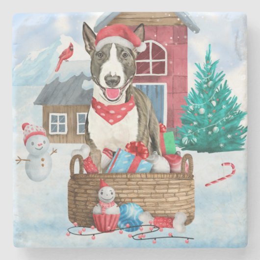 Bull Terrier Dog in sneeuwbal Stenen Onderzetter (Voorkant)