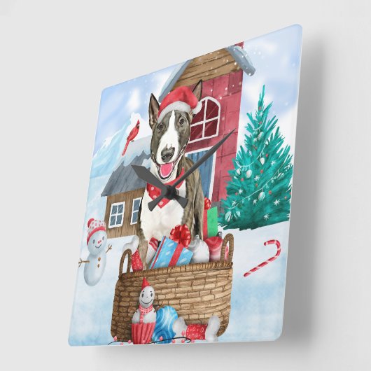 Bull Terrier Dog in sneeuwbal Vierkante Klok (Hoek)