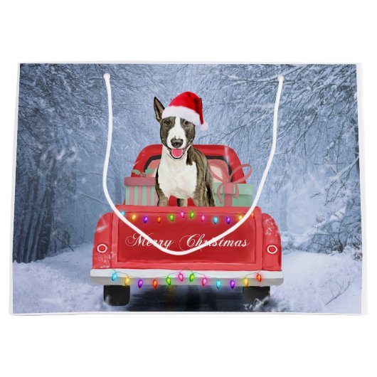 Bull Terrier Dog in Snow, met Kerstmis Groot Cadeauzakje (Voorkant)