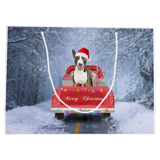 Bull Terrier Dog in Snow, met Kerstmis Groot Cadeauzakje (Achterkant)