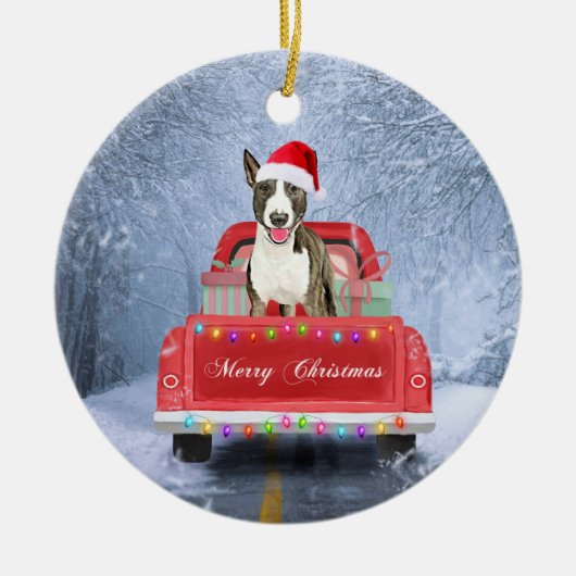 Bull Terrier Dog in Snow, met Kerstmis Keramisch Ornament (Voorkant)