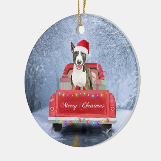 Bull Terrier Dog in Snow, met Kerstmis Keramisch Ornament (Links)