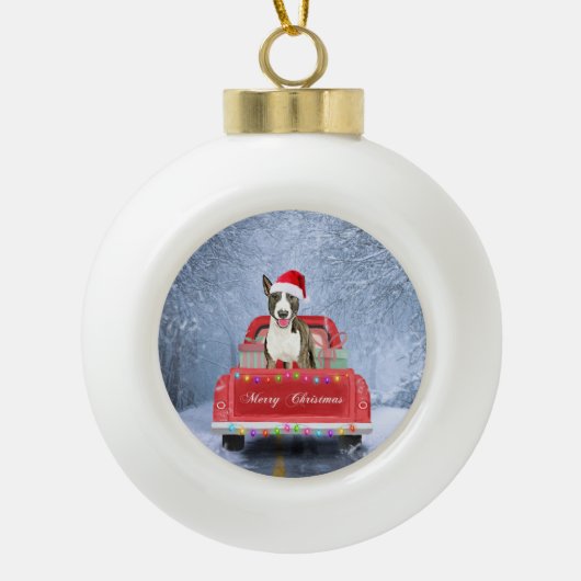 Bull Terrier Dog in Snow, met Kerstmis Keramische Bal Ornament (Voorkant)