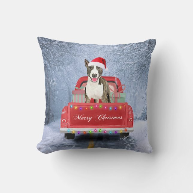 Bull Terrier Dog in Snow, met Kerstmis Kussen (Voorkant)