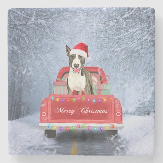 Bull Terrier Dog in Snow, met Kerstmis Stenen Onderzetter (Voorkant)