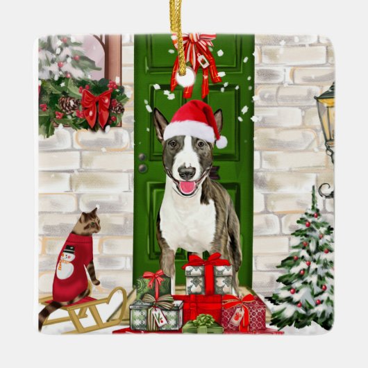 Bull Terrier Dog Kerstmis Keramisch Ornament (Voorkant)