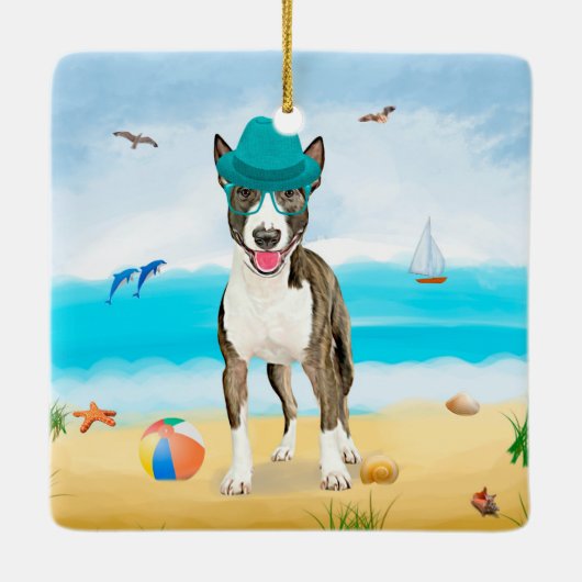 Bull Terrier Dog op Beach Keramisch Ornament (Achterkant)