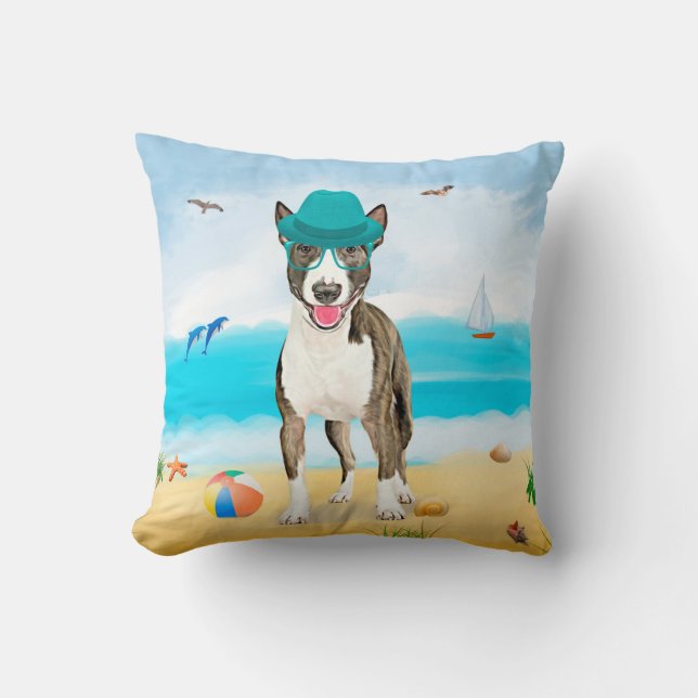 Bull Terrier Dog op Beach Kussen (Voorkant)