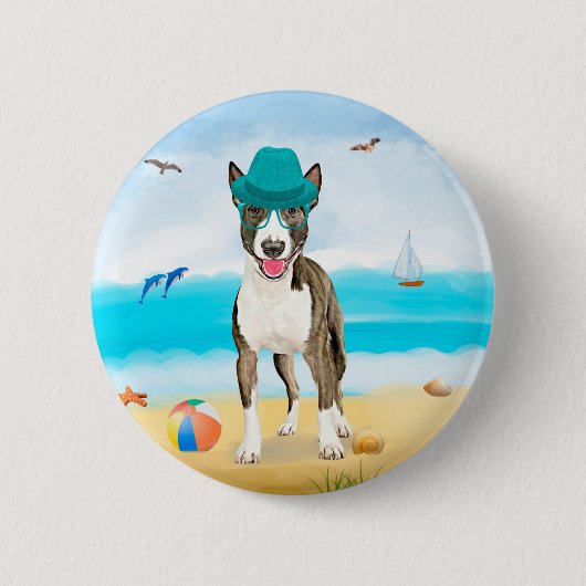 Bull Terrier Dog op Beach Ronde Button 5,7 Cm (Voorkant)