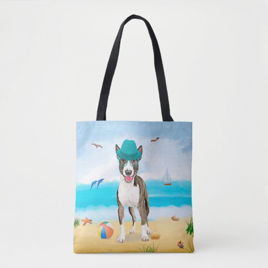 Bull Terrier Dog op Beach Tote Bag (Voorkant)