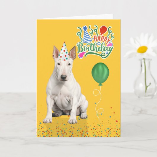 Bull Terrier Dog Party Hat Yellow Birthday Kaart (Kleine Plant)
