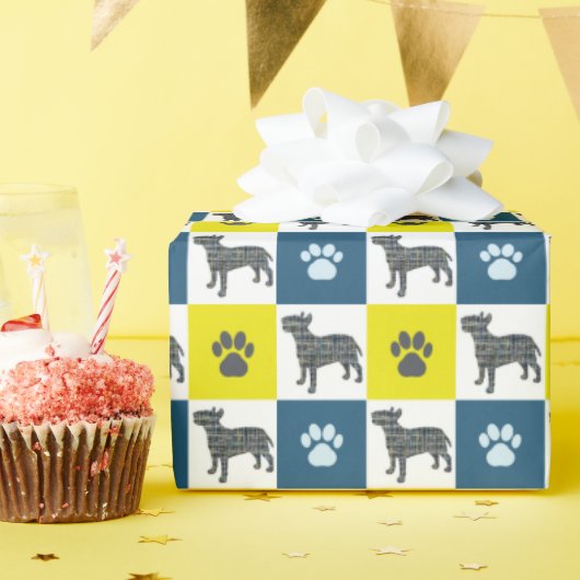 Bull Terrier Dog & Paw Yellow & Blue Grid Cadeaupapier (Verjaardagsfeest)