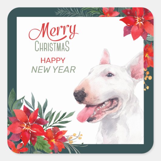 Bull Terrier Dog Poinsettia Border Kerstmis Vierkante Sticker (Voorkant)