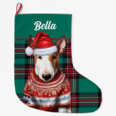Bull Terrier Dog Red en Green Plaid Gepersonalisee Grote Kerstsok (Voorkant)