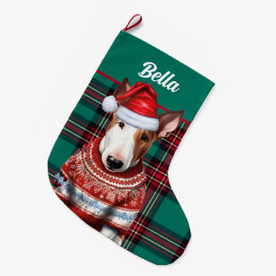 Bull Terrier Dog Red en Green Plaid Gepersonalisee Grote Kerstsok
