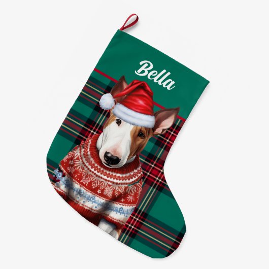 Bull Terrier Dog Red en Green Plaid Gepersonalisee Grote Kerstsok (Voorkant (Hangend))