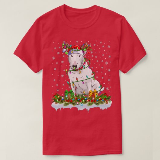 Bull Terrier Dog Santa Hat Reindeer kerstligh T-shirt (Design voorkant)