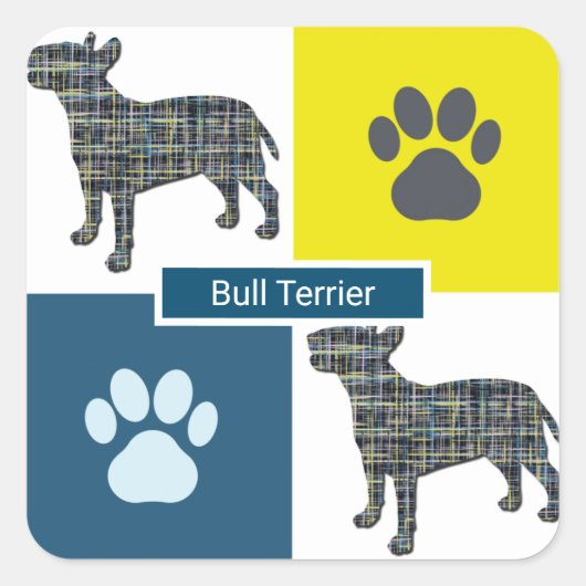 Bull Terrier Dog Silhouette & Paw Y&B Grid Vierkante Sticker (Voorkant)