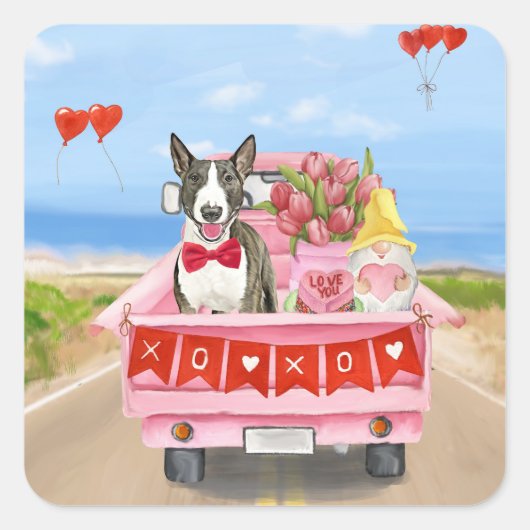 Bull Terrier Dog Valentijnsdag Truck Hearts Vierkante Sticker (Voorkant)